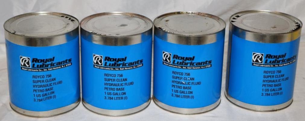 Group of 4 Royco 1 Gallon Hydraulic Fluid Oil Cans: 6.5" x 6.5" x 7.75" each