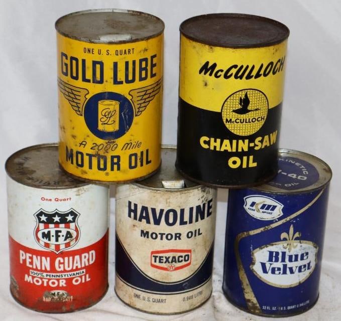 Group of 5 Different 1 Quart Metal Oil Cans (1 of 2)
