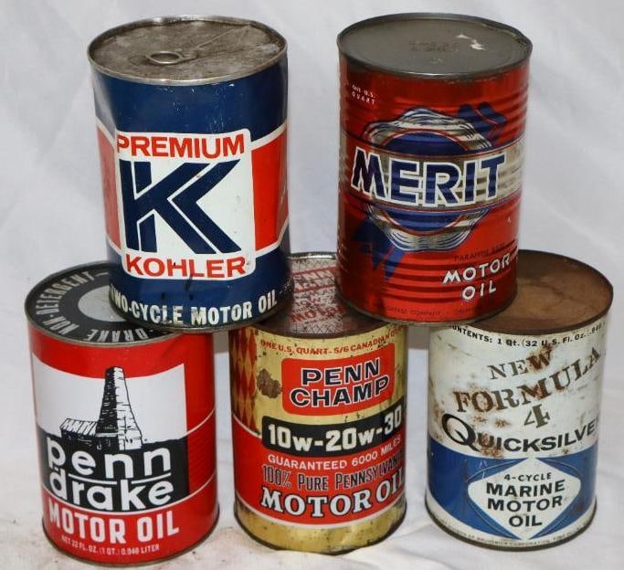 Group of 5 Different 1 Quart Metal Oil Cans (1 of 3)