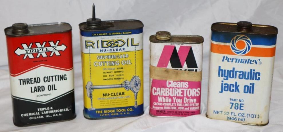 Group of 4 Different One Quart Rectangle Oil Cans: Empty. 32oz each