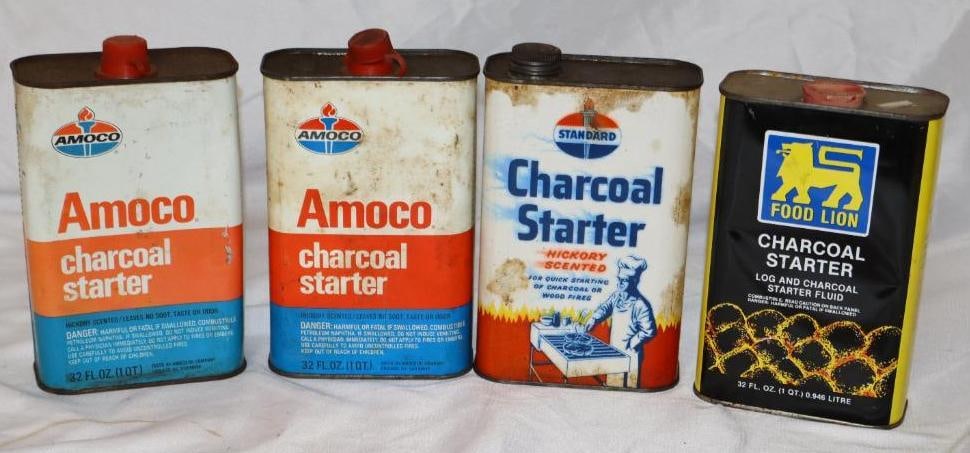 Group of 4 Amoco, Standard, and Food Lion Charcoal Starter One Quart Oil Cans: Empty. 32oz each