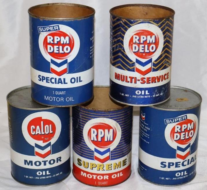 Group of 5 Different RPM Composite One Quart Oil Cans: Empty. 32oz