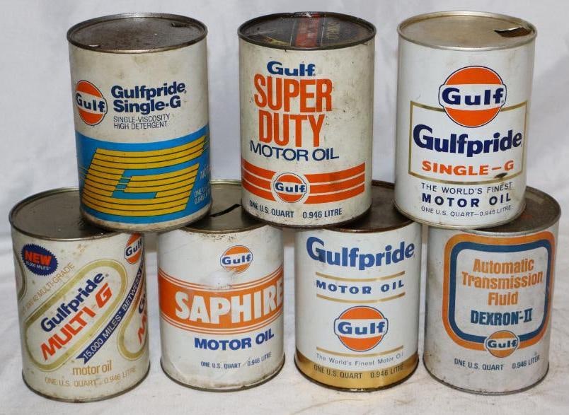 Group of 7 Different Gulf Composite One Quart Oil Cans: Empty. 32oz