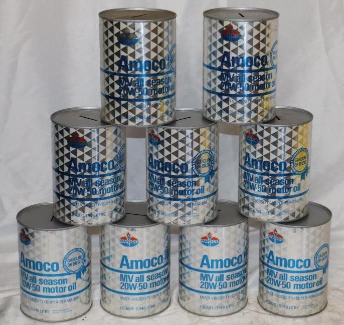 Group of 9 Amoco All Season Composite One Quart Oil Can Coin Banks: Empty. 32oz