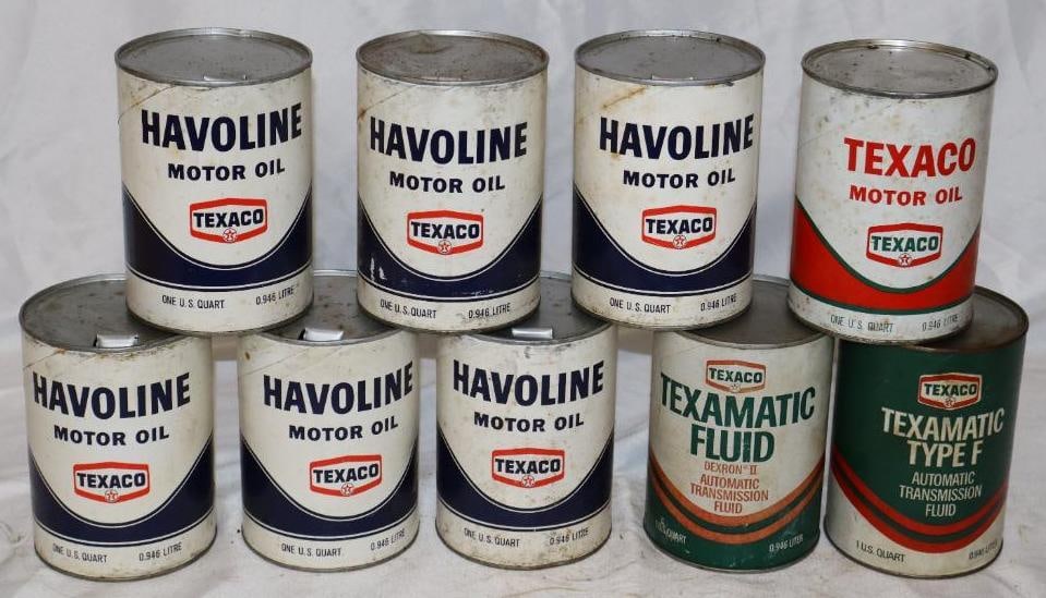 Group of 9 Texaco and Havoline Composite One Quart Oil Cans: Empty. 32oz