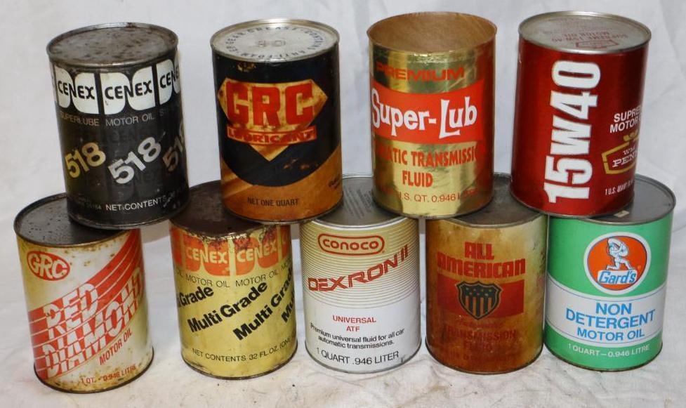 Group of 9 Different Composite One Quart Oil Cans: Empty. 32oz