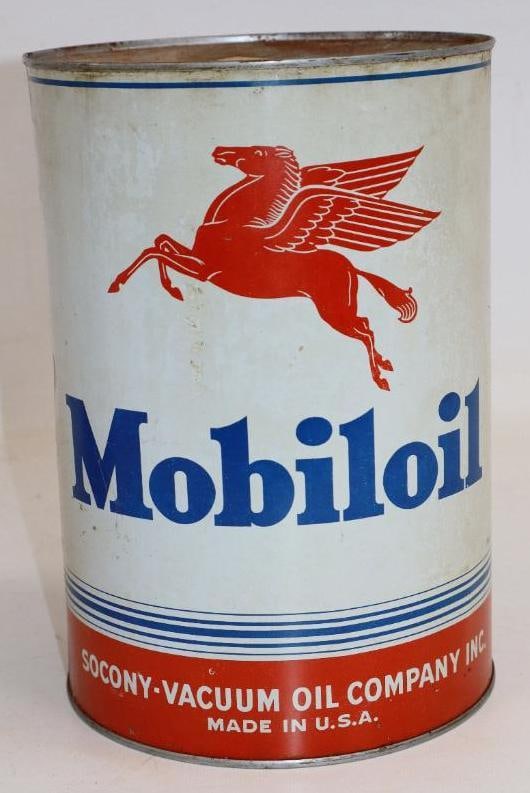 Socony-Vacuum Mobiloil Five Quart Metal Oil Can: Empty. 6.5" x 6.5" x 9.5"