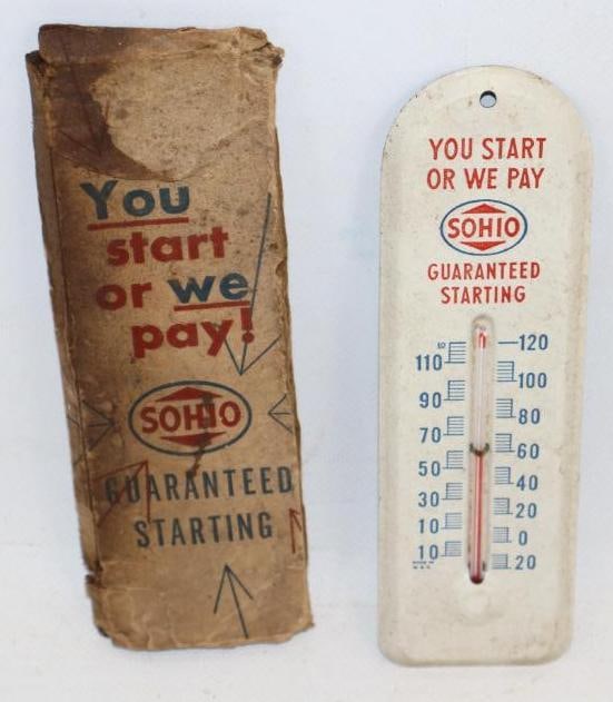 Sohio Guaranteed Starting Advertising Thermometer In Original Box: 6.5x2.25