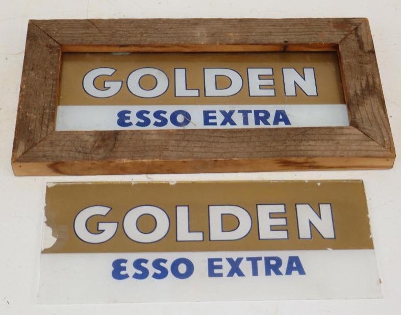 Group of 2 Golden Esso Extra Gas Pump Advertising Ad Glass: 12.5x5 Each one has Wood Frame