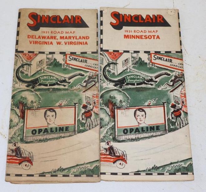 Group of 2 1931 Sinclair 3 Pannel Gas Station Road Maps: 9x4 Each