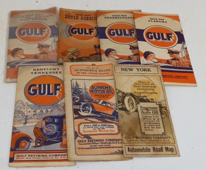 Group of 7 Early Gulf Gas Station Road Maps: 9x4 Each