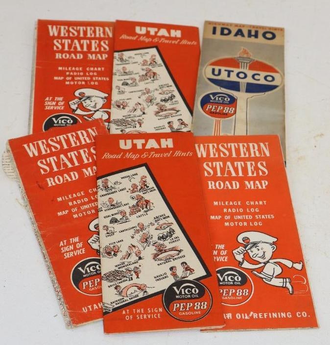 Group of 6 Vico and Utoco Gas Station Road Maps: Largest is 9x4