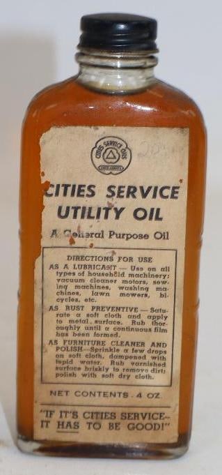 Cities Service Utility Oil Class Bottle With Paper Label: 4oz Full