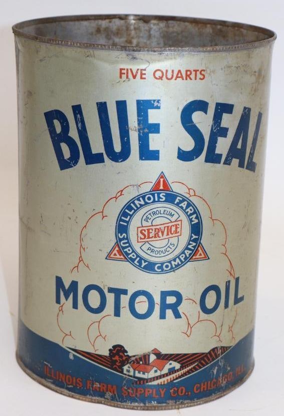 Illinois Farm Supply Blue Seal Five Quart Metal Oil Can: Missing top lid. Empty. 6.5" x 6.5" x 9.5"