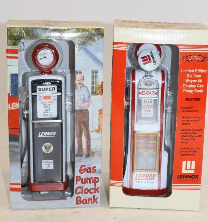 Group of 2 Lennox Gas Pump Shaped Clock Banks in Original Boxes: 4x3x8 Each
