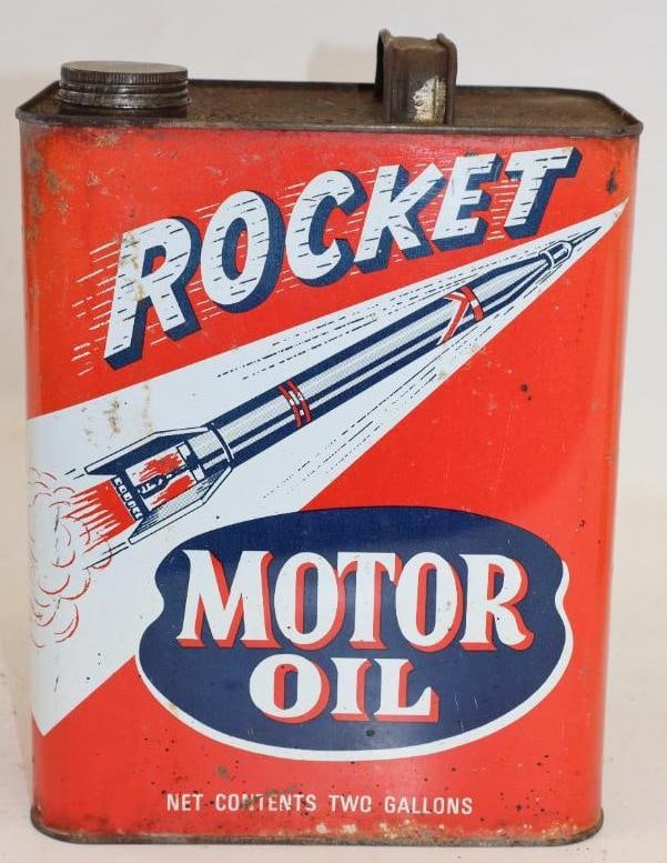 Rocket Two Gallon Metal Oil Can: Empty. 5.5" x 8.5" x 11"