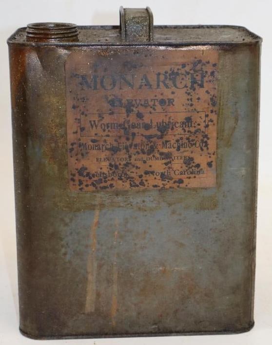 Monarch Elevator Worm Gear Lubricant Two Gallon Metal Oil Can with Paper Label: Missing cap. Empty. 5.5" x 8.5" x 11"