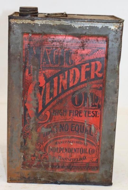 Early Magic Cylinder Rectangle One Gallon Oil Can: Empty. 4.25" x 6.25" x 9.5"