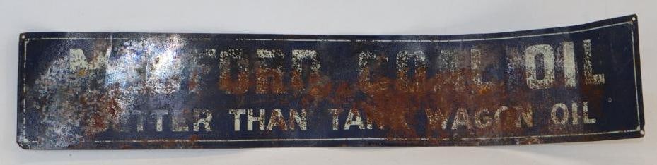 Milford Coal Oil "Better Than Tank Wagon Oil" Painted Tin Tacker Sign: 28x5 Sign Is Flaking and Has Rust