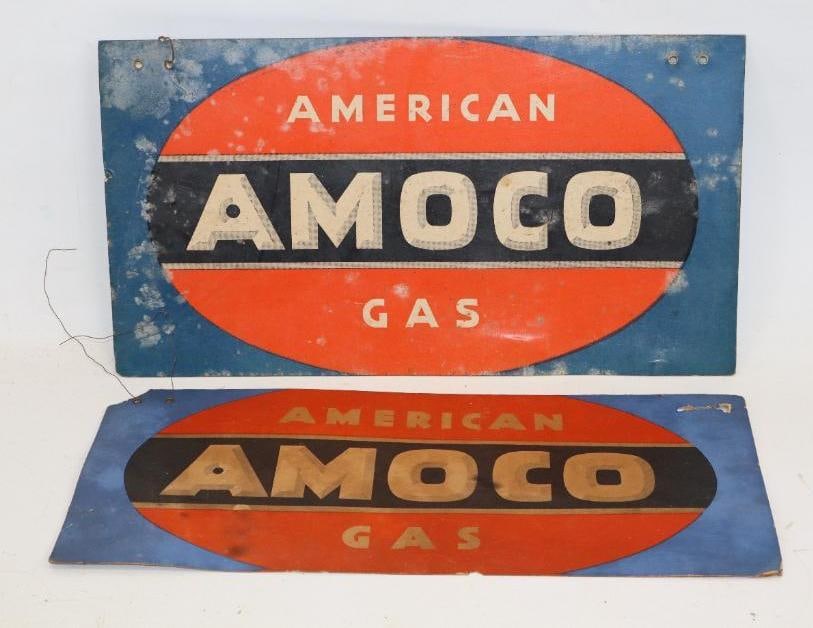 Group of 2 American Amoco Gas Double Sided Cardboard Advertising Sign: Largest is 18x9.75