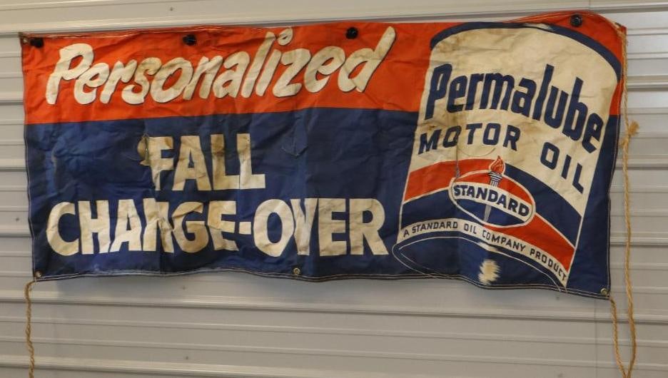 Standard Oil Permalube Fall Change Over Canvas Banner Advertising Sign: Measures 78x35 Has Staining and a Couple of Rips