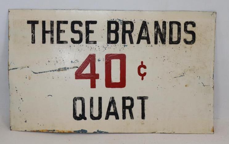 These Brands 40 cent Quart Hand Painted Gas Station Sign on a Cut Coca Cola Sign: 17.5x10.5
