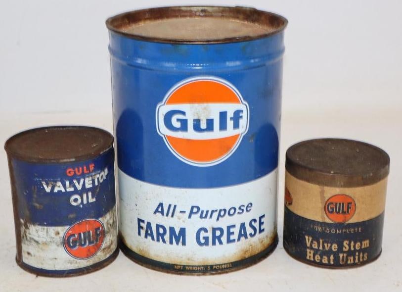 Group of 3 Gulf Grease and Valve Stem Cans: Largest is 5.5x5.5x7.5
