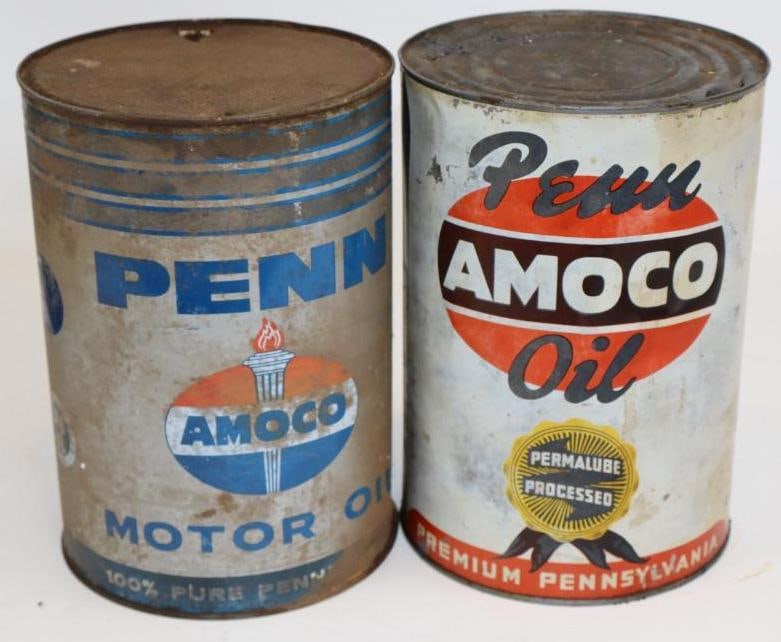 Group of 2 Penn Amoco Metal Five Quart Oil Cans: Empty. 6.5" x 6.5" x 9.5" each