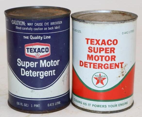 Group of 2 Texaco Super Motor Detergent Oil Cans: Largest is 16oz
