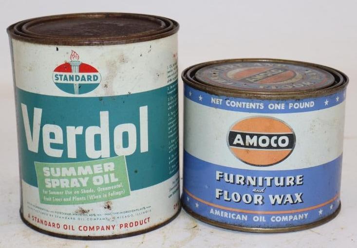 Group of 2 Standard, and Amoco Verdol, and Furniture Wax One Quart and 1lb Cans: Both are full. Largest is 32oz