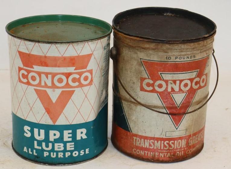 Group of 2 Conoco 10lb Grease Cans: One is missing bottom lid. Empty. 7.5" x 7.5" x 8.75"