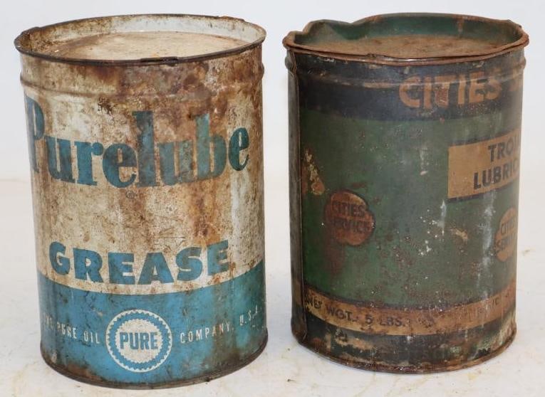 Group of 2 Cities Service, and Pure 5lb Grease Cans: Pure is full. 5.75" x 5.75" x 7.5" each