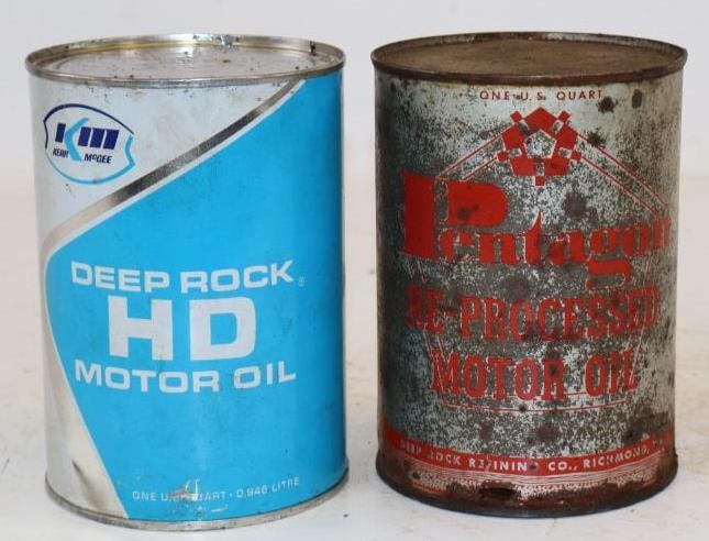 Group of 2 Deep Rock, and Pentagon Metal One Quart Oil Cans: Empty. 32oz each