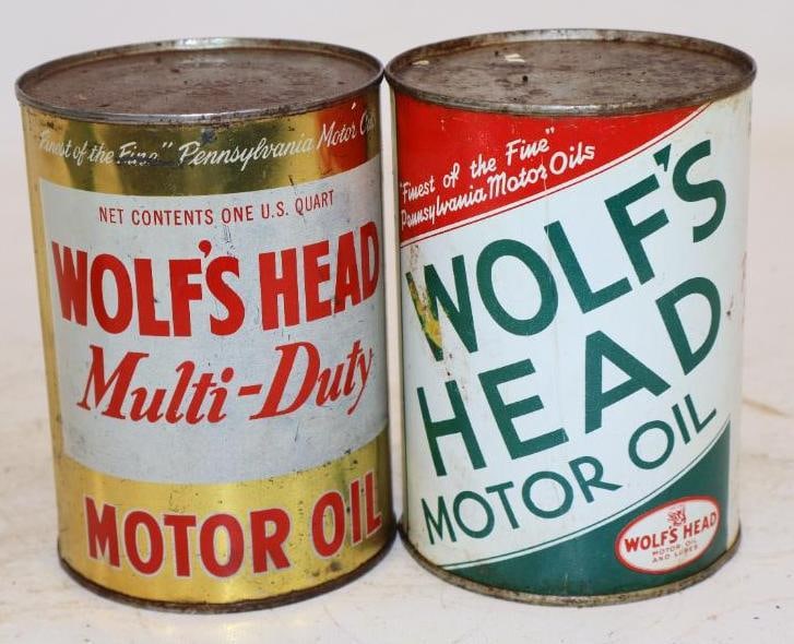 Group of 2 Different Wolf's Head Metal One Quart Oil Cans: Empty. 32oz each