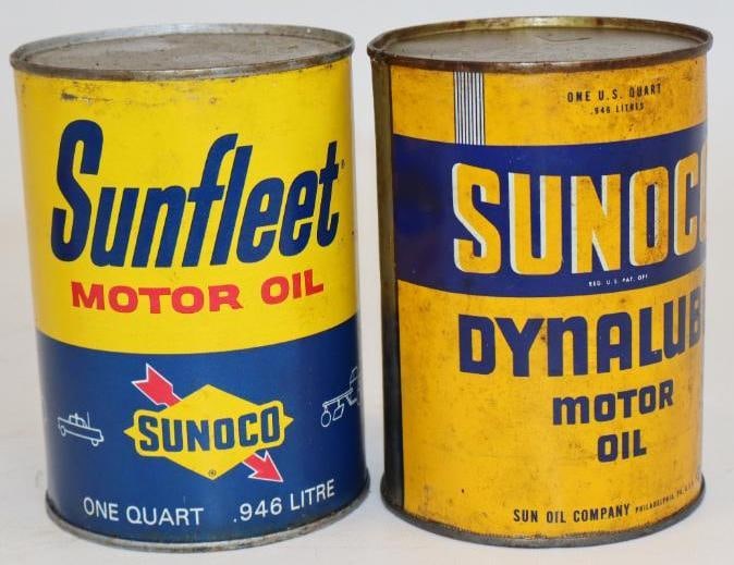 Group of 2 Different Sunoco Metal One Quart Oil Cans: Empty. 32oz each
