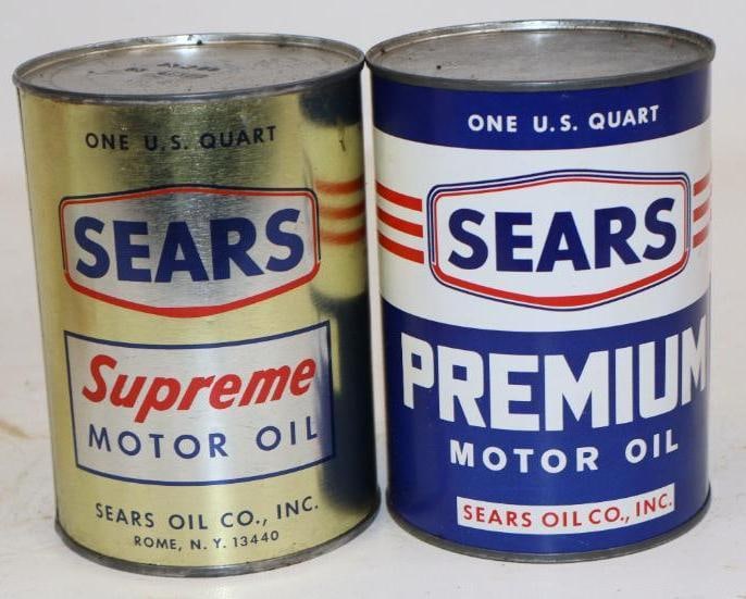 Group of 2 Different Sears Oil Company Metal One Quart Oil Cans: Empty. 32oz each