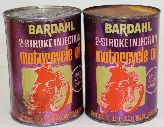 Group of 2 Bardahl Motorcycle Metal One Quart Oil Cans: Empty. 32oz each