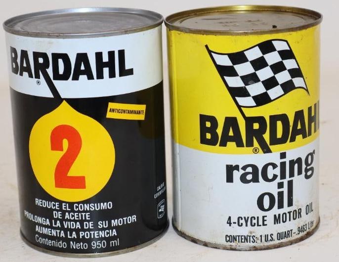 Group of 2 Bardahl 2, and Racing Metal One Quart Oil Cans: Empty. 32oz each