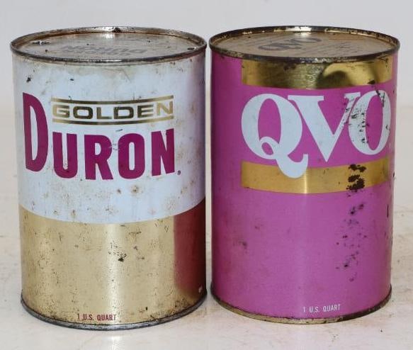 Group of 2 QVO and Golden Duron Metal One Quart Oil Cans: Empty. 32oz each