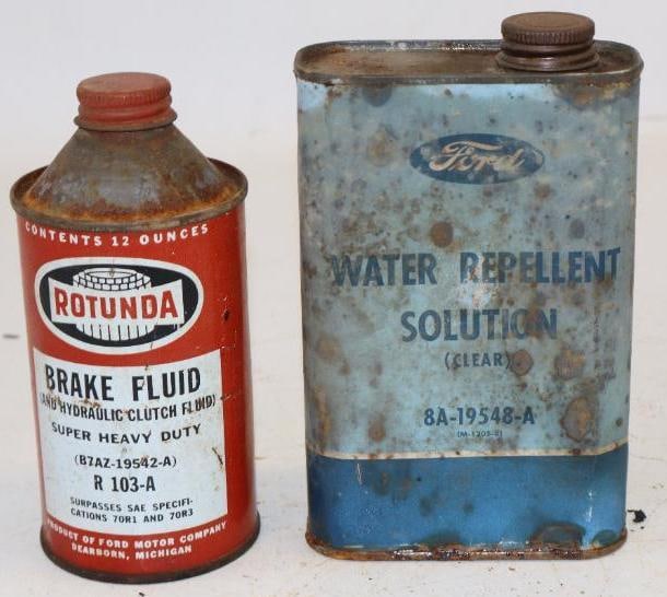 Group of 2 Ford and Rotunda Break Fluid and Water Repellant Oil Cans: Largest is 16oz