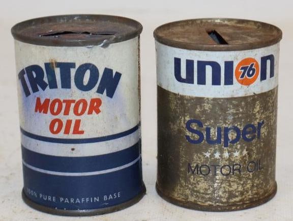 Group of 2 Oil Can Shaped Coin Banks Union 76 and Triton: 2x2x3