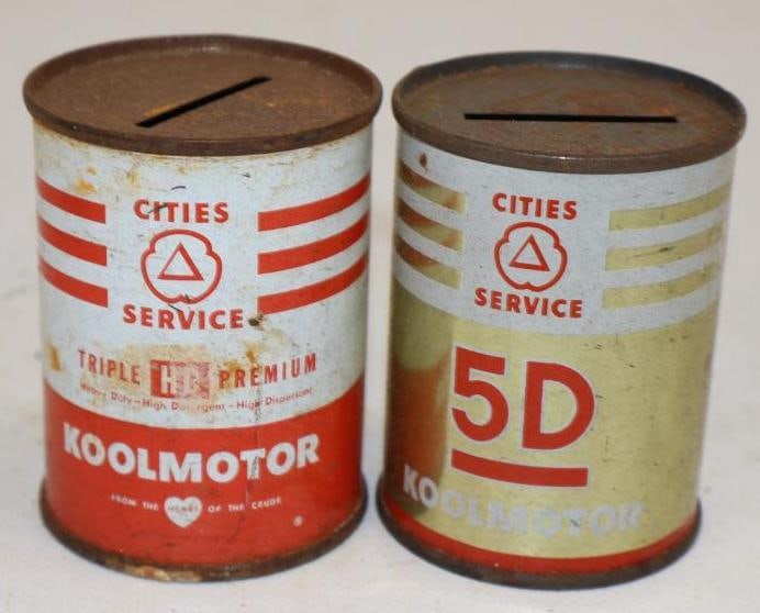 Group of 2 Oil Can Shaped Coin Banks Different Cities Service: 2x2x3