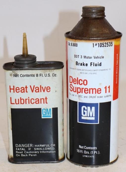 Group of 2 GM Brake Fluid and Heat Valve Lubricant Cans: Largest is 16oz