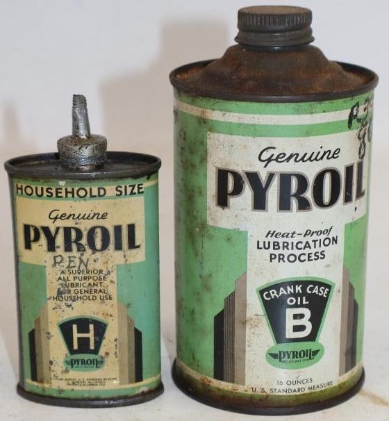 Group of 2 Pyroil Oil Crank Case and Handy Oil Cans: Largest is 16oz