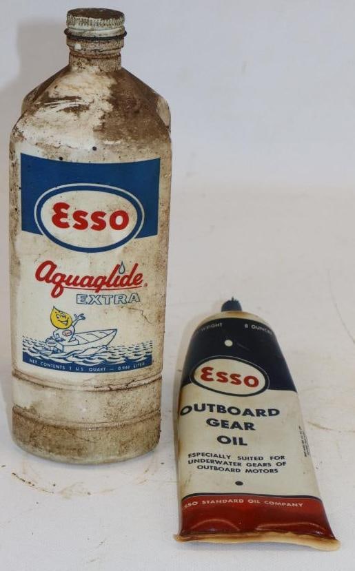 Group of 2 Esso Aquaglide and Outboard Gear Oil Bottle and Tube: Largest is 32oz