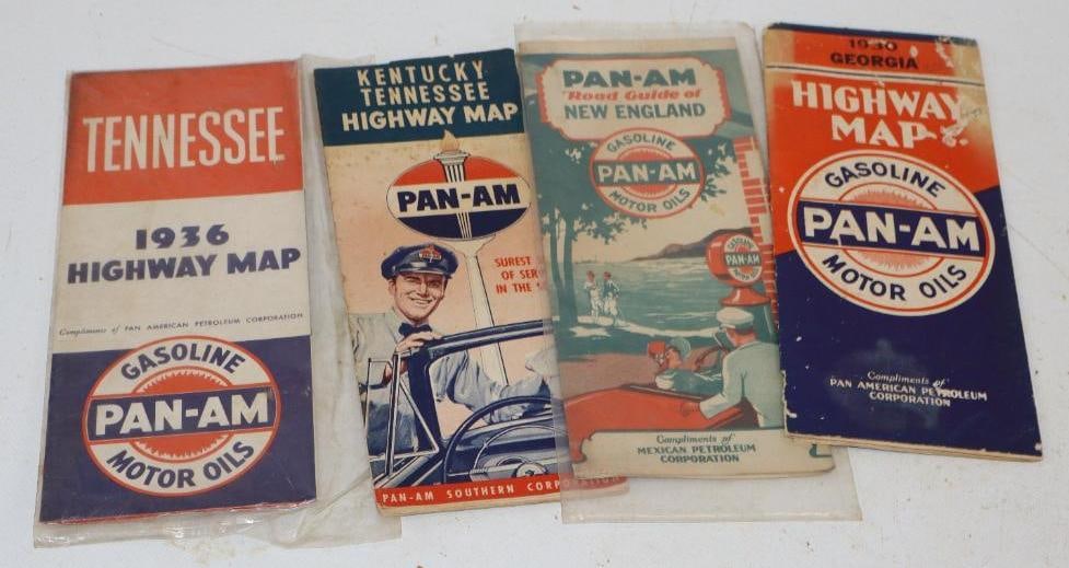Group of 4 Pan-Am Gas Station Road Maps: 9x4 Each