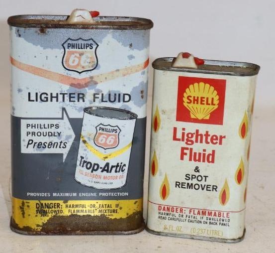 Group of 2 Phillips 66 and Shell Lighter Fluid Cans: Largest is 16oz