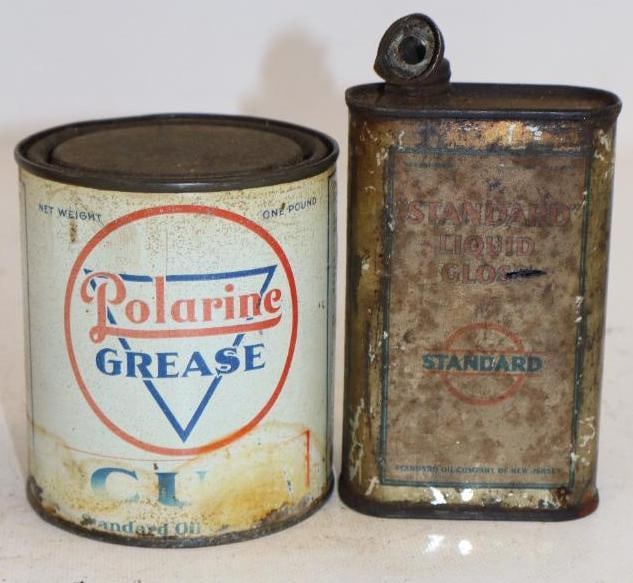 Group of 2 Standard Oil Liquor Gloss Polarine Grease Cans: Largest is 16oz