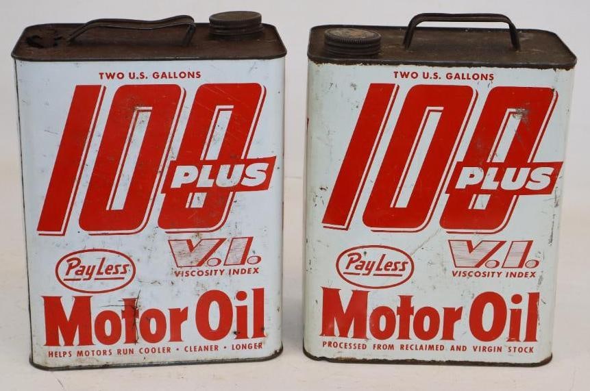 Group of 2 Payless 100 Plus Two Gallon Metal Oil Cans: One can has heavy rusting on top. Empty. 5.5" x 8.5" x 11" each