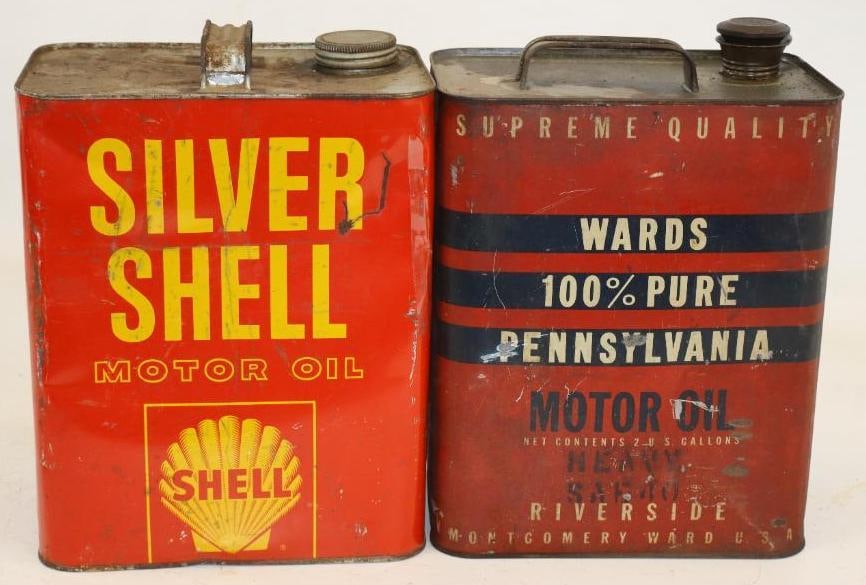 Group of 2 Silver Shell, and Ward's Riverside Two Gallon Metal Oil Cans: Empty. 5.5" x 8.5" x 11" each